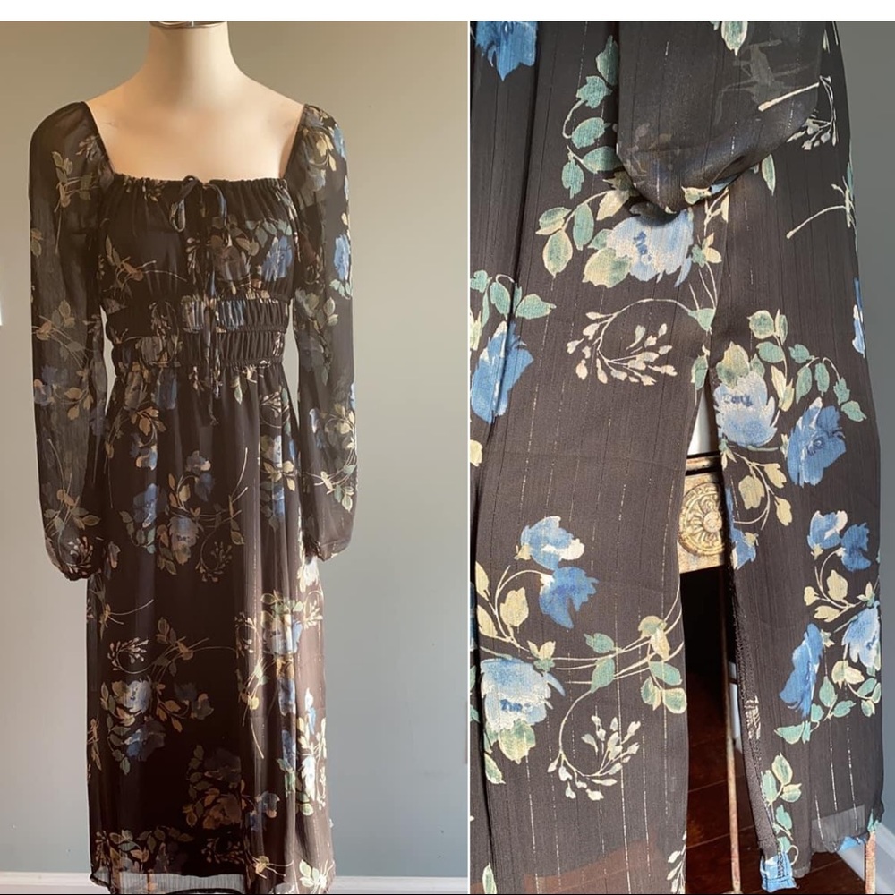 Black dress with navy blue flowers